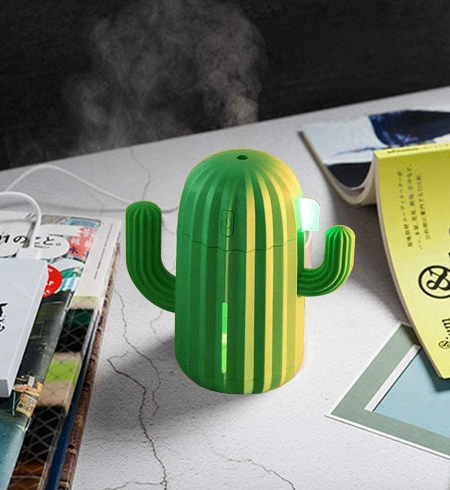 The cactus humidifier on a desk