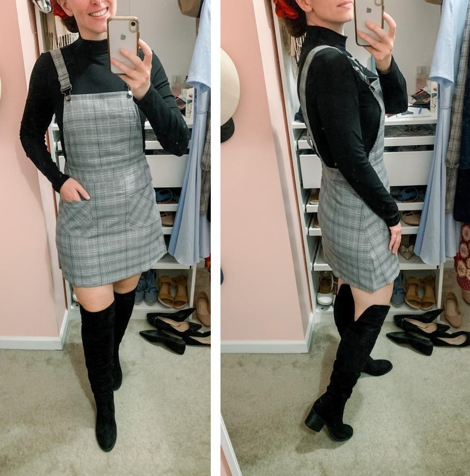 The overall dress in gray worn by an Amazon reviewer