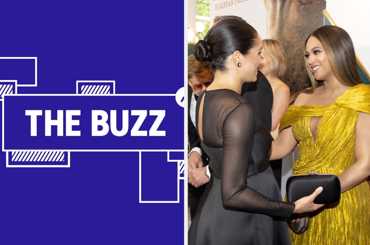 Splitscreen of purple graphic with THE BUZZ in white letters on the left side and a photo of Meghan Markle and Beyoncé on the right side (CREDIT: GETTY)