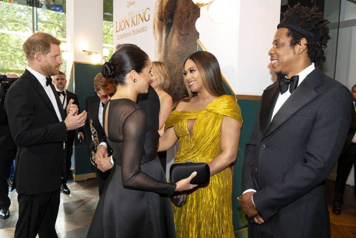 Prince Harry and Meghan Markle meet Beyoncé and Jay-Z at the premiere of The Lion King in London in 2019