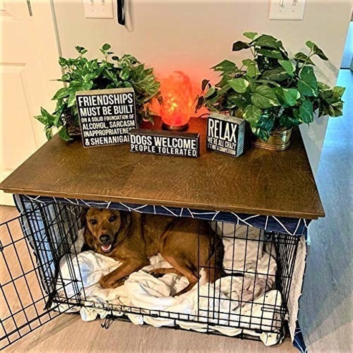 a dog inside a crate with the wood kennel cover 