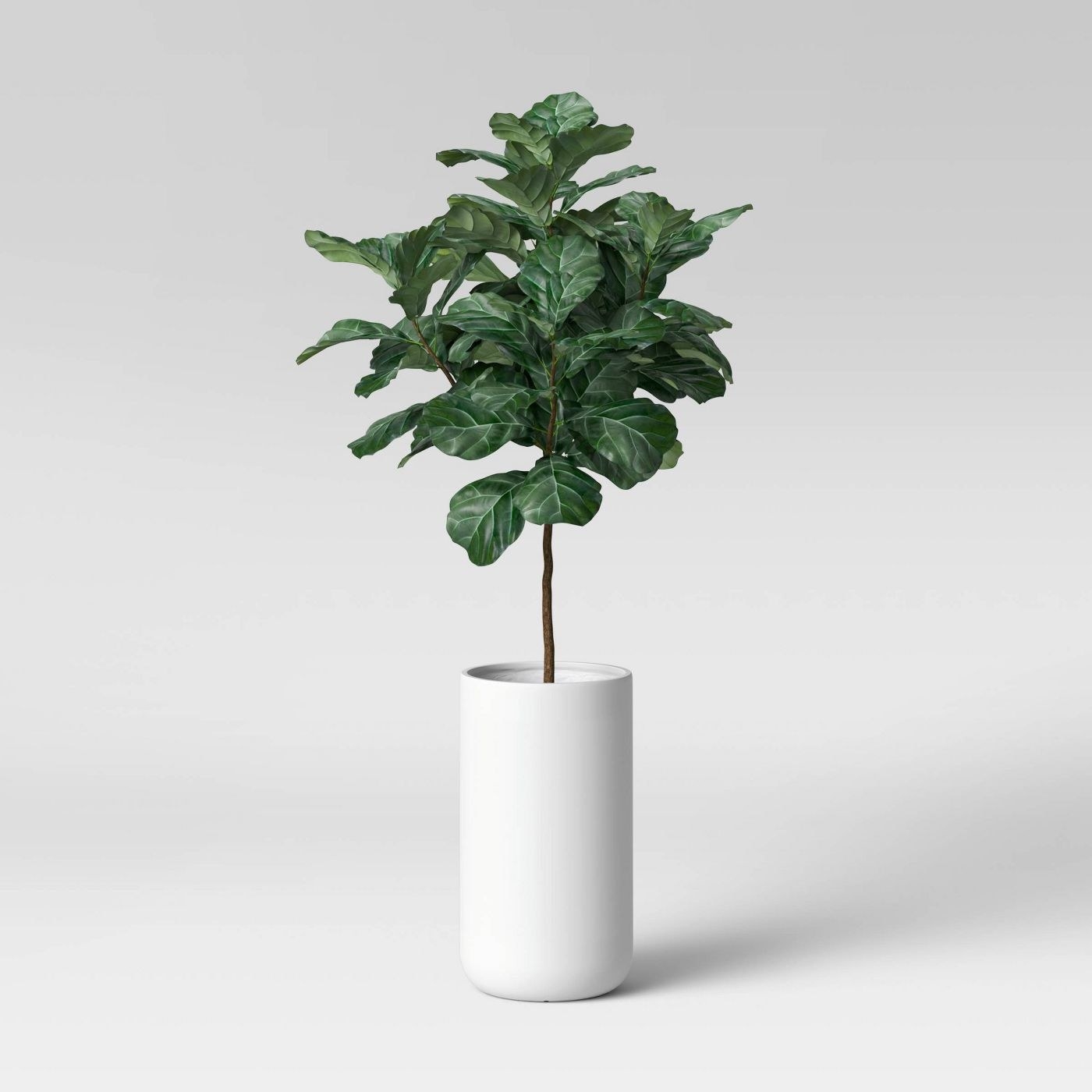 freestanding cylindrical white planter with a plant inside