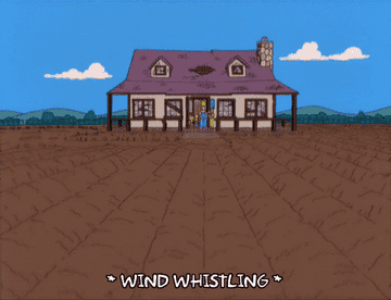 Tumbleweed rolling across a dusty plain as the Simpson family looks on