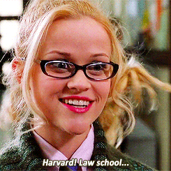 Reese Witherspoon in &quot;Legally Blonde&quot; shaking her head and saying &quot;Harvard! Law school...&quot;