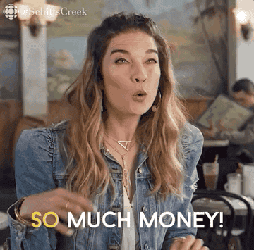 Woman exclaiming &quot;So much money!&quot;