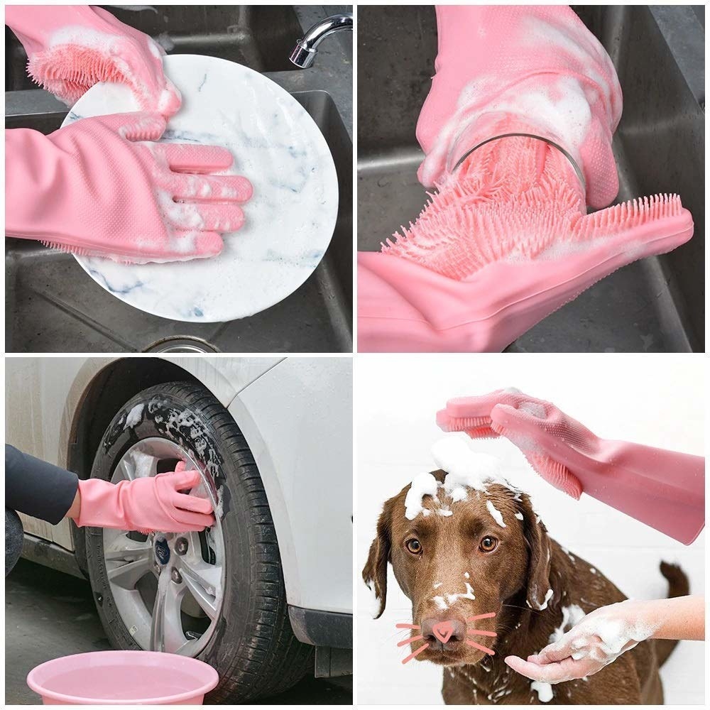 Pink dish-washing gloves and their various uses 