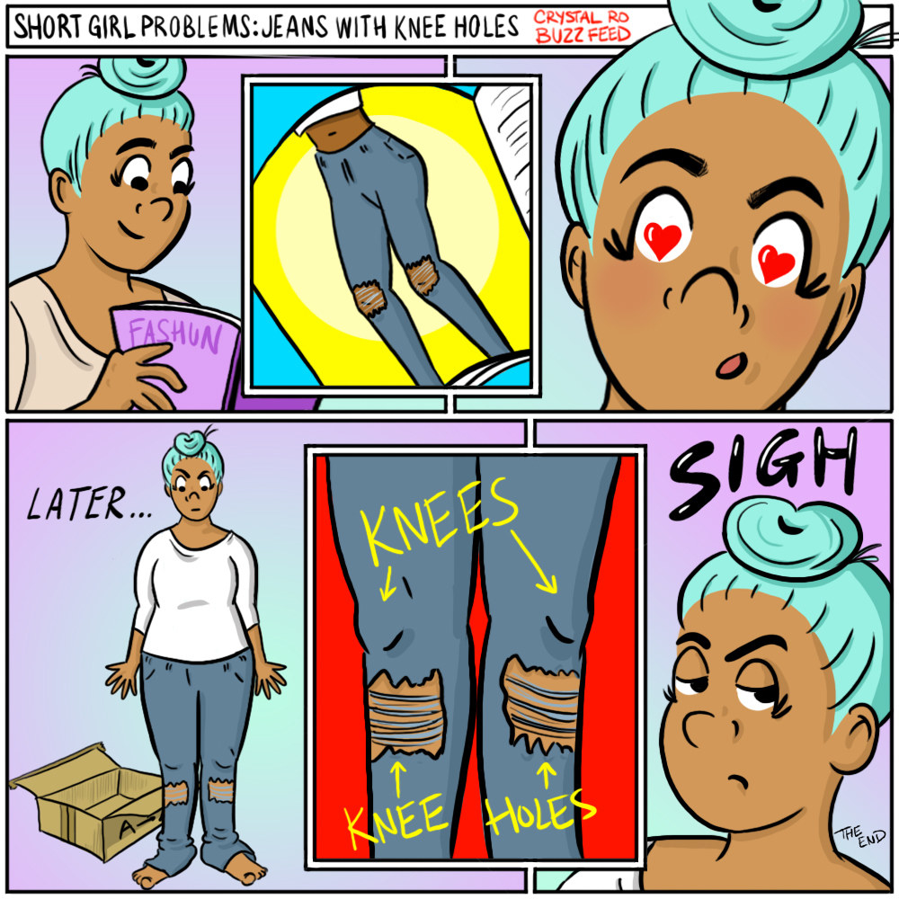 Comic of someone ordering jeans, and when they arrive, trying them on and the ripped knee holes are on their shins