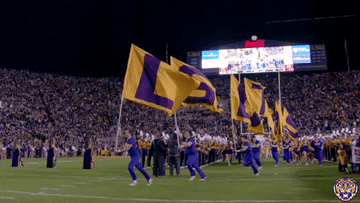 People running onto a field holding flags with the letters of the university printed on them