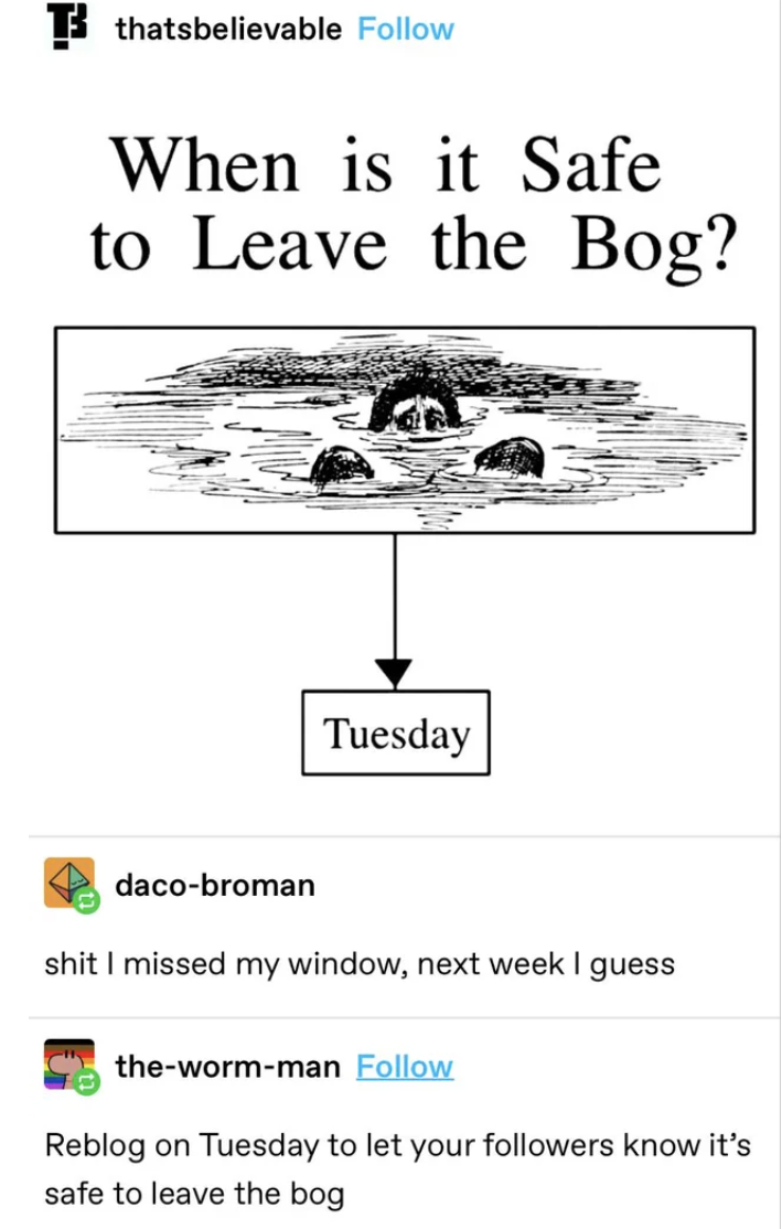 &quot;When is it safe to leave the bog? Tuesday&quot; then people saying they missed their window and will have to reblog to remind followers next week