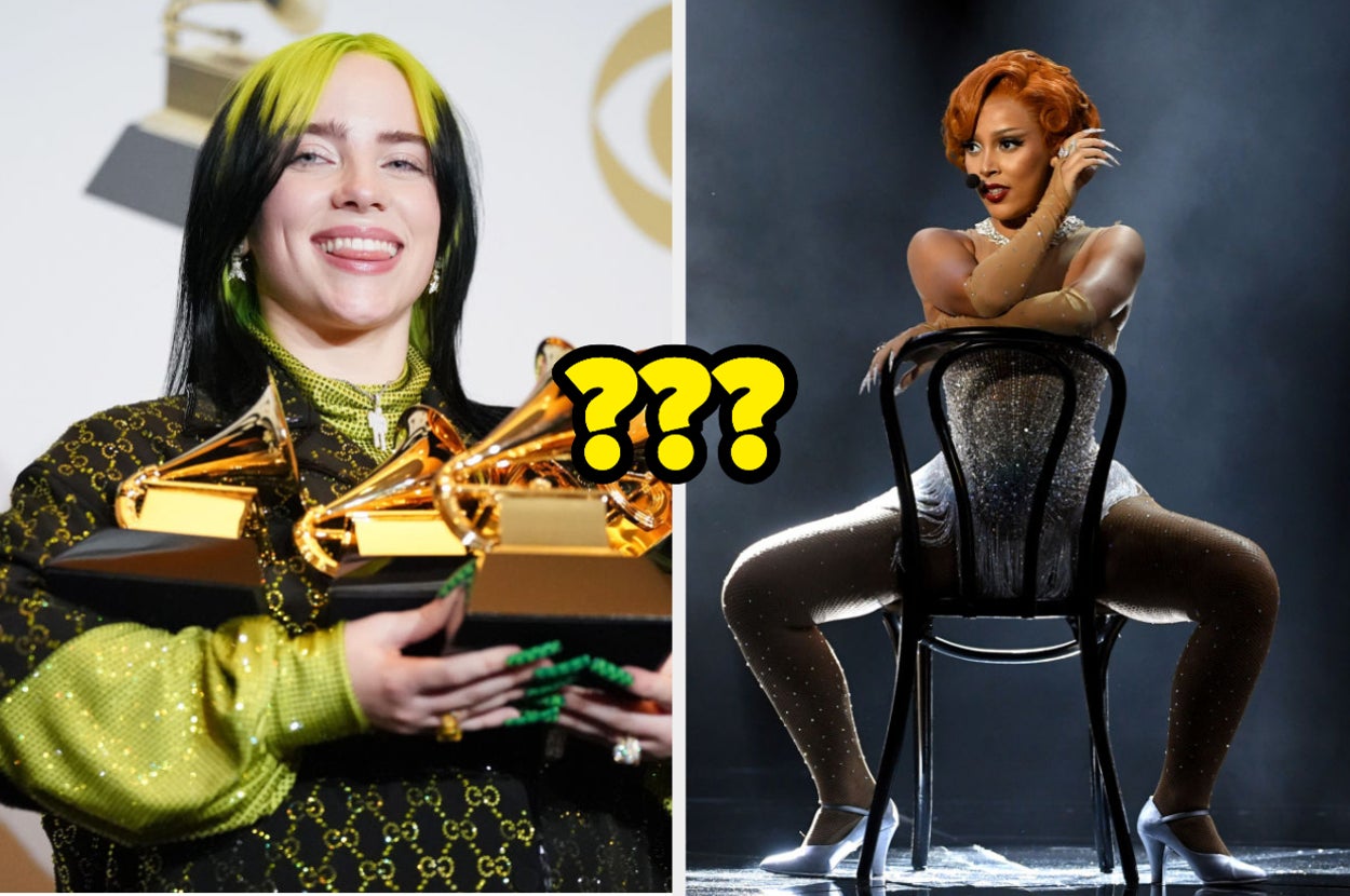 Billie Eilish holding all of her Grammys side by side with Doja Cat performing