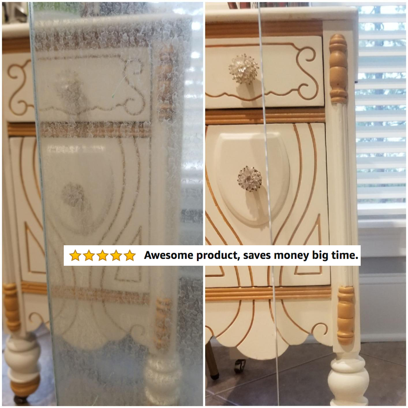 A reviewer showing their glass door cloudy before cleaning, and crystal clear after with five stars and review text &quot;awesome product, saves money big time&quot;