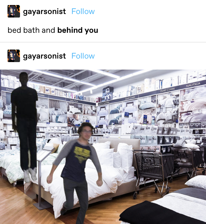 &quot;Bed bath and BEHIND YOU!&quot; with a picture of a ghost attacking a running boy in a Bed Bath &amp;amp; Beyond