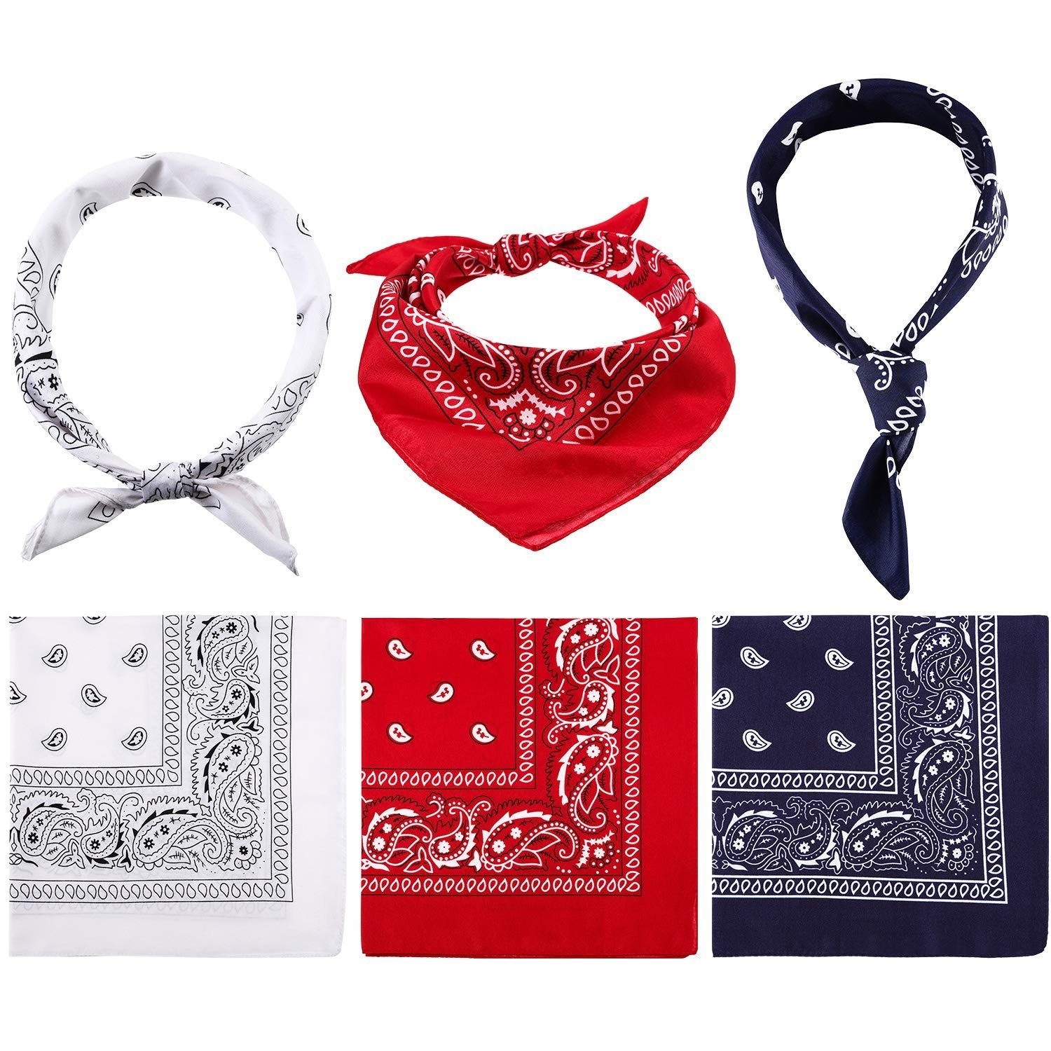 A set of three bandanas in the colours white, red and navy blue.