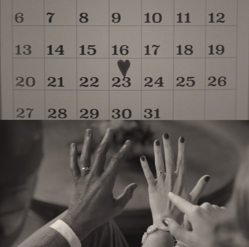 A calendar shows the 23rd date with a heart drawn on it and two hands showing off wedding rings