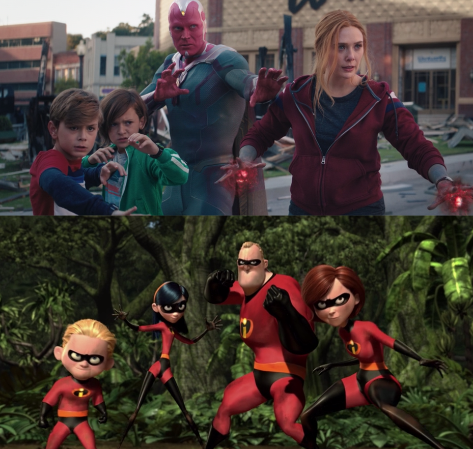 The Wanda Vision family posing similarly to the superhero family in The Incredibles