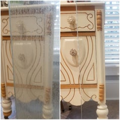 A reviewer before and after photo of glass with foggy hard water stains and the same glass looking clean 