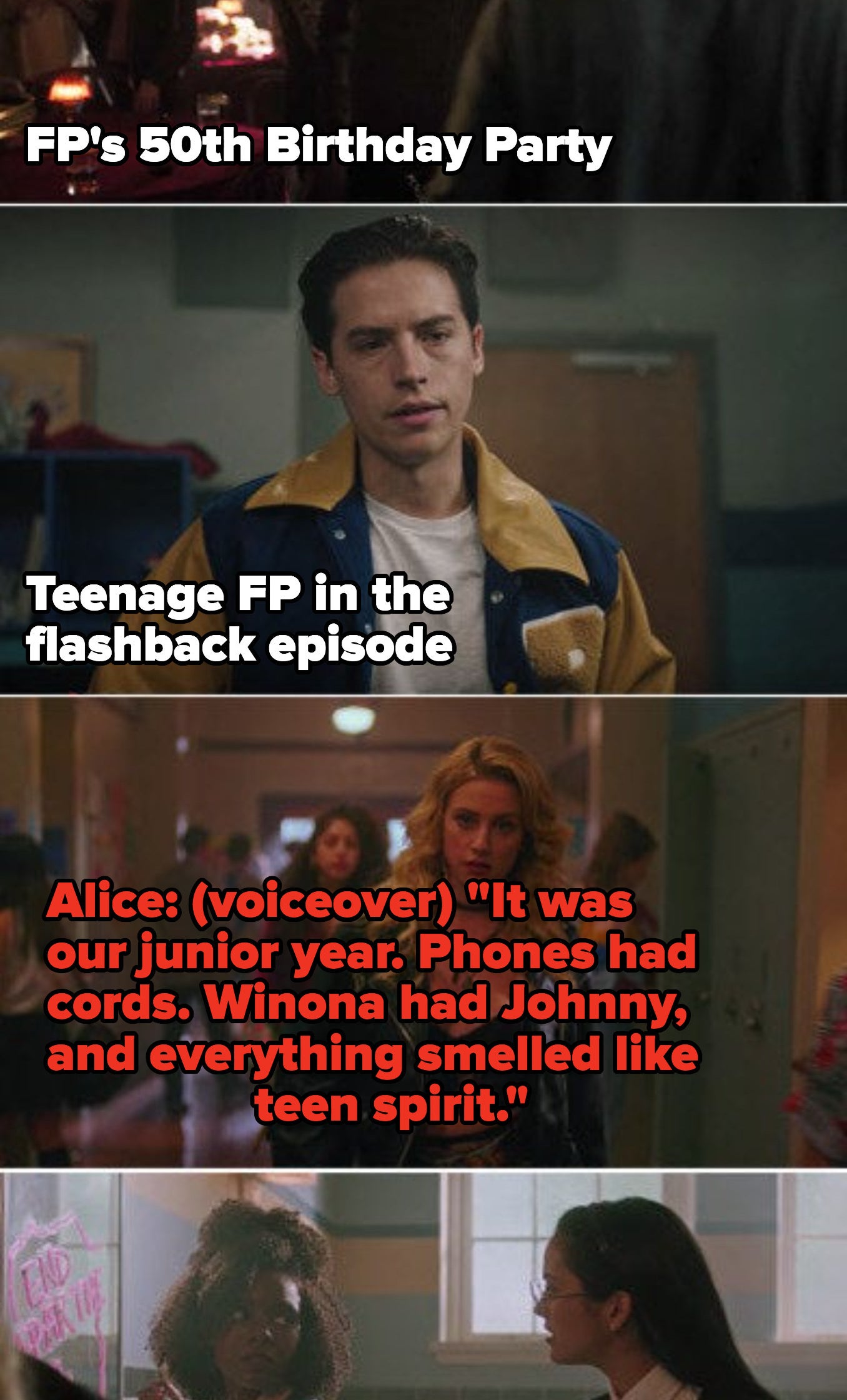 FP at his 50th birthday party and FP as a high school junior in the '90s flashback episode