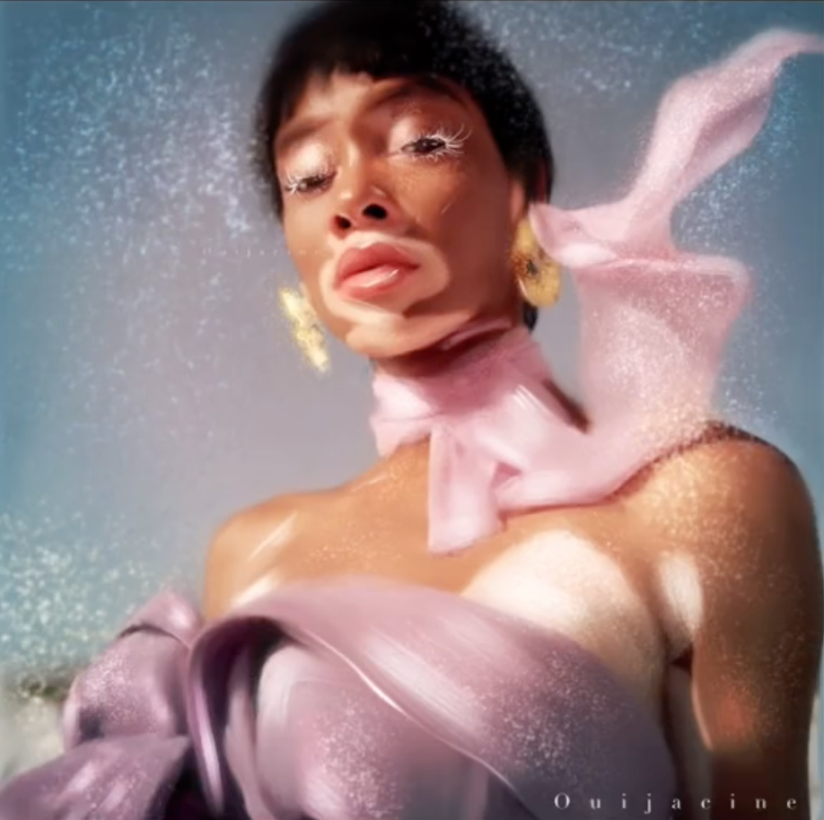 The finished portrait showcasing Winnie Harlow, a model who has vitiligo; it has a naturally ethereal look to it