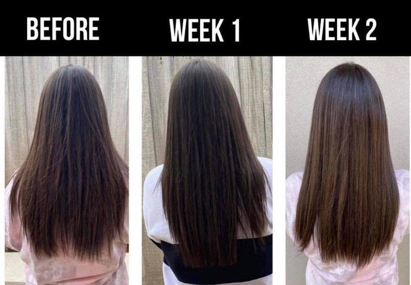 A two-week progress photo showing the hair improving and getting healthier