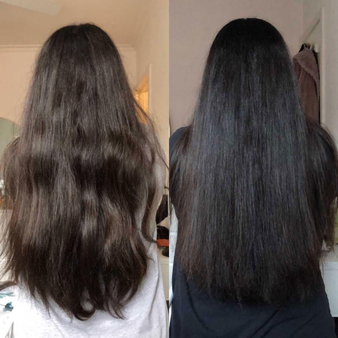 A before and after photo showing a user&#x27;s hair looking healthier and stronger after the treatment