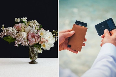 (left) Bouquet of flowers (right) leather wallet