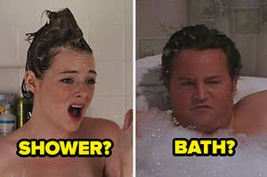emma stone singing in the shower on the left and chandler bing in a bubble bath on the right