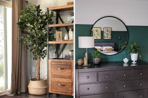 (left) Faux plant (right) large round mirror