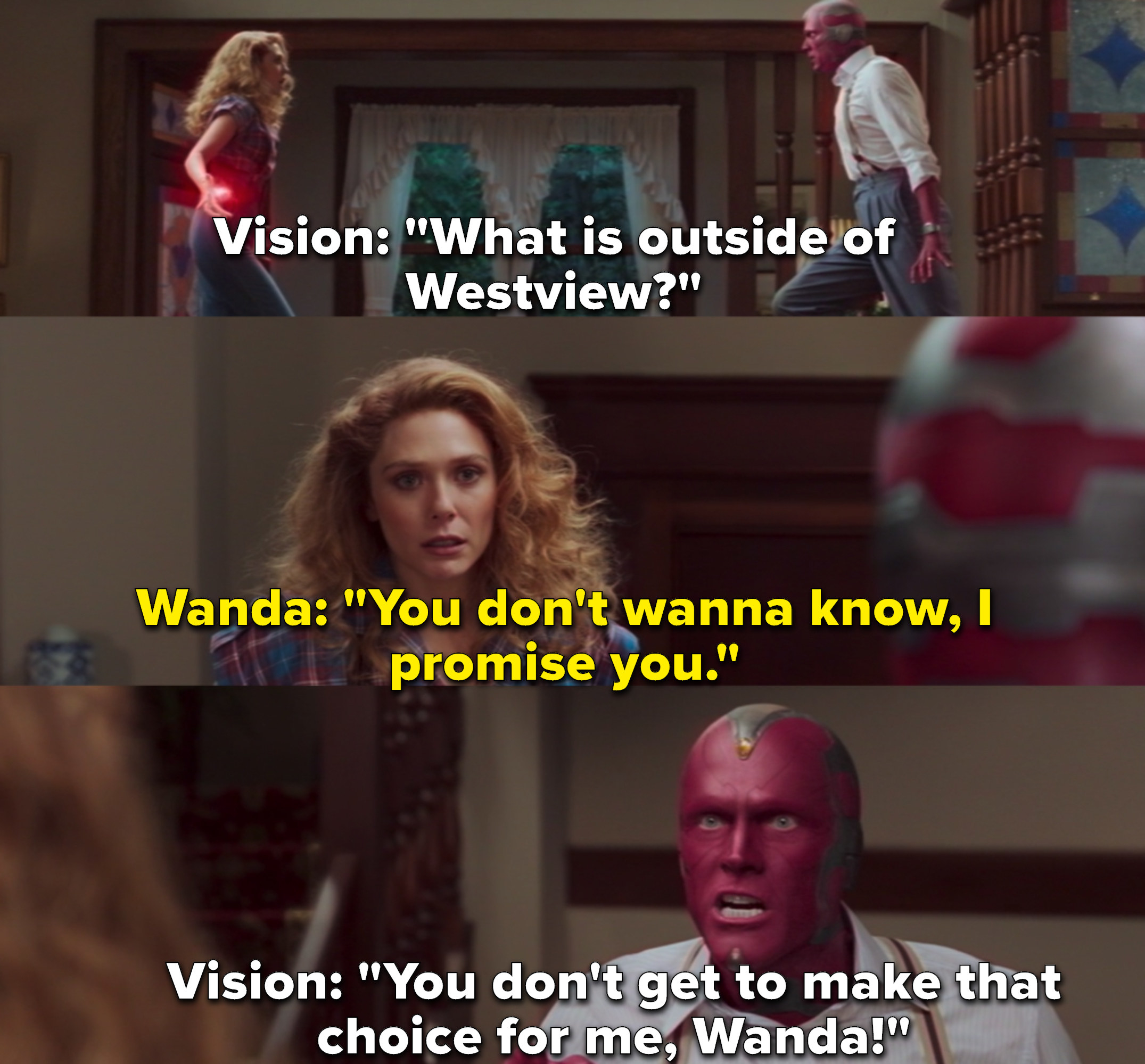 Vision questioning what is outside of Westview to which Wanda replies, &quot;You don&#x27;t wanna know, I promise you&quot;