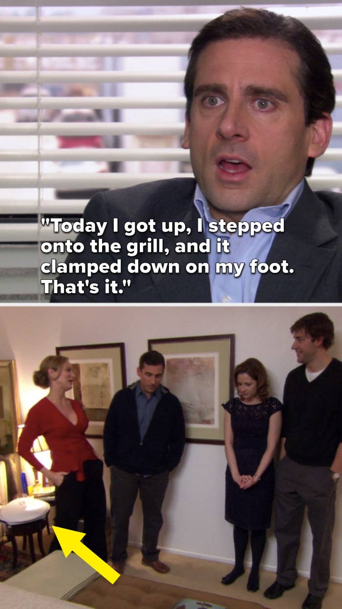 Michael says, &quot;Today, I got up, I stepped onto the grill and it clamped down on my foot, that&#x27;s it,&quot; and then we see the grill in the episode &quot;Dinner Party&quot;