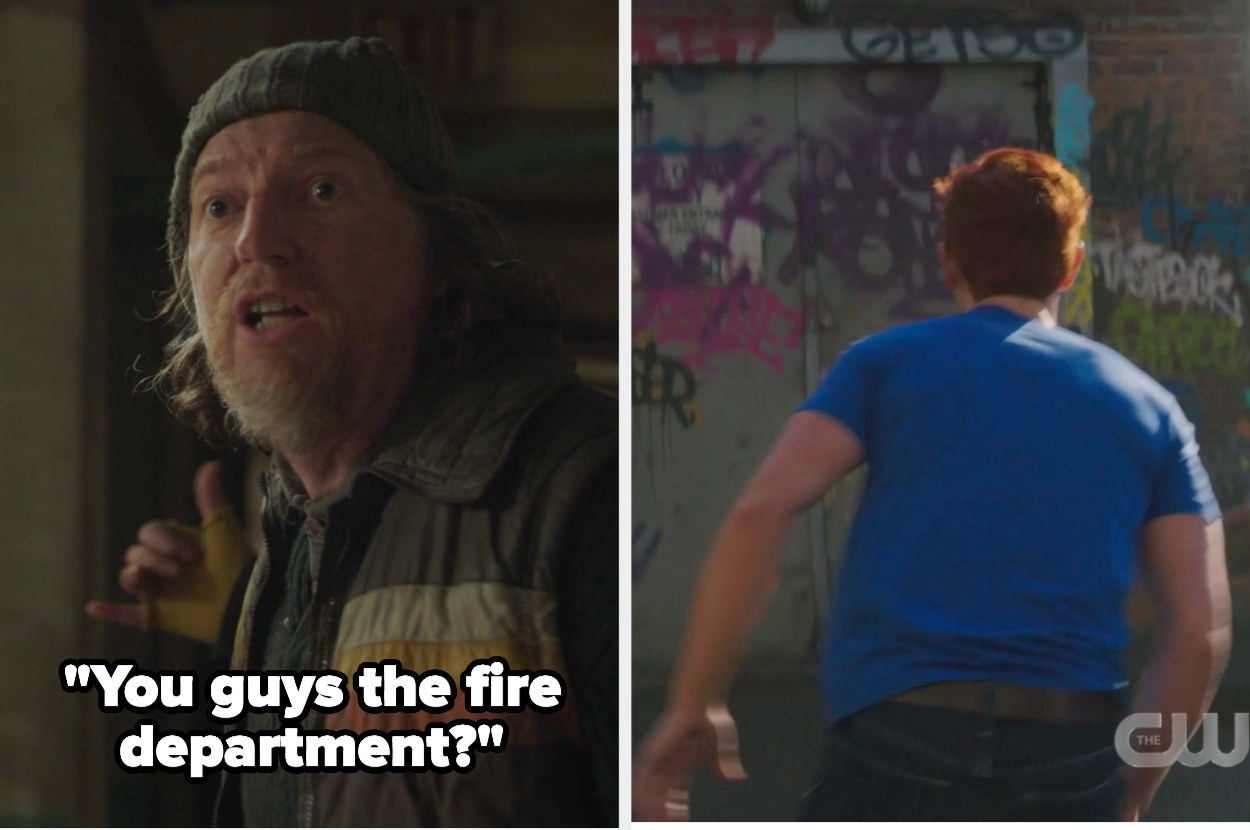 Guy asking archie &quot;you guys the fire department?&quot;