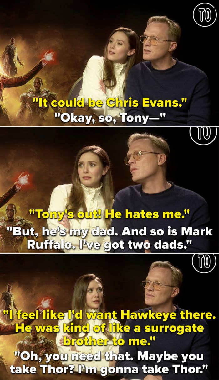 Lizzie saying "Tony's out! He hates me." And Paul responding, "But, he's my dad. And so is Mark Ruffalo. I've got two dads"