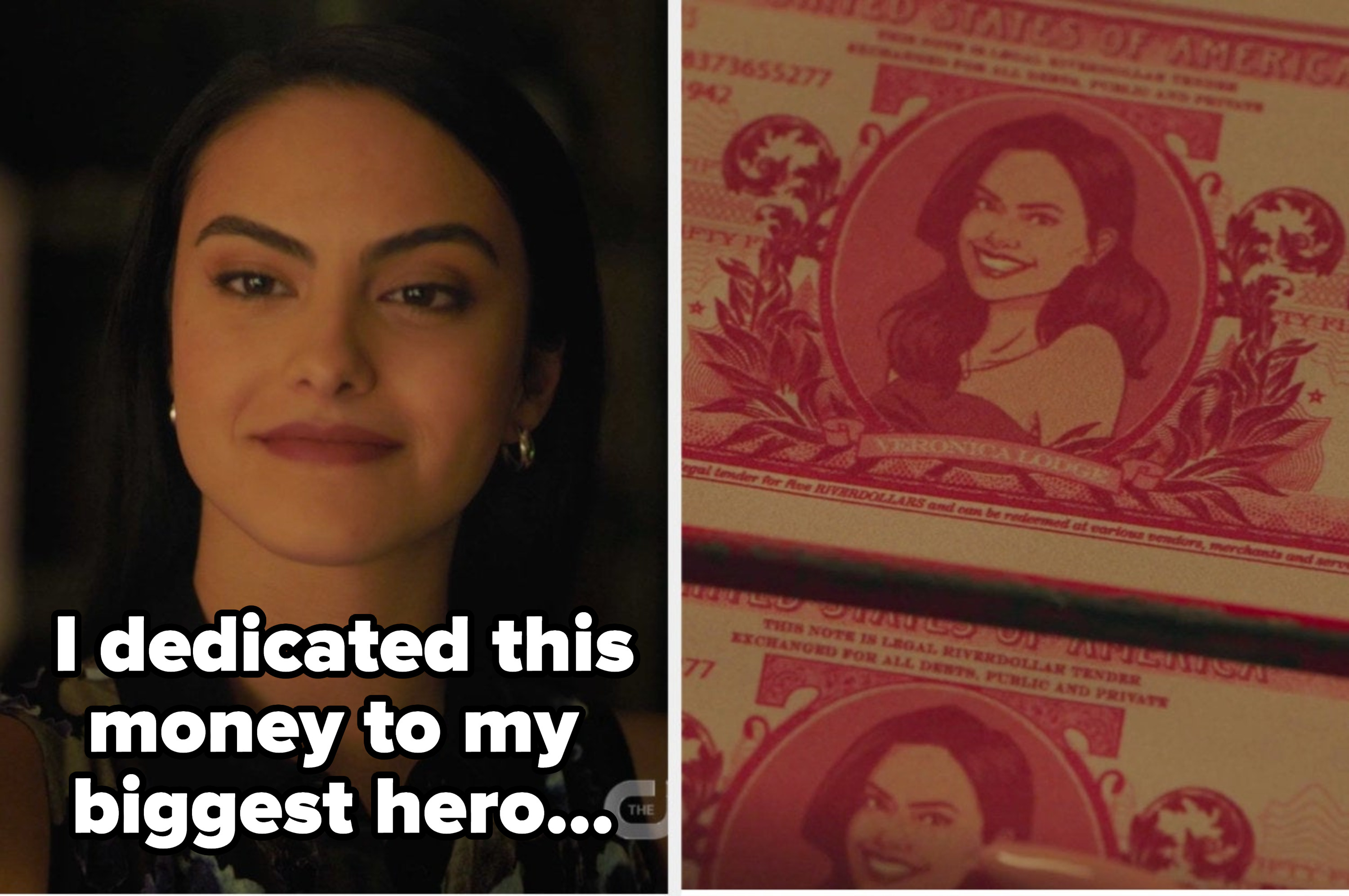 Veronica side by side with her riverdollars saying &quot;I dedicated this money to my biggest hero&quot;