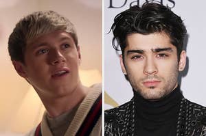 On the left, Niall Horan in the "Story of My Life" music video, and on the right, Zayn Malik