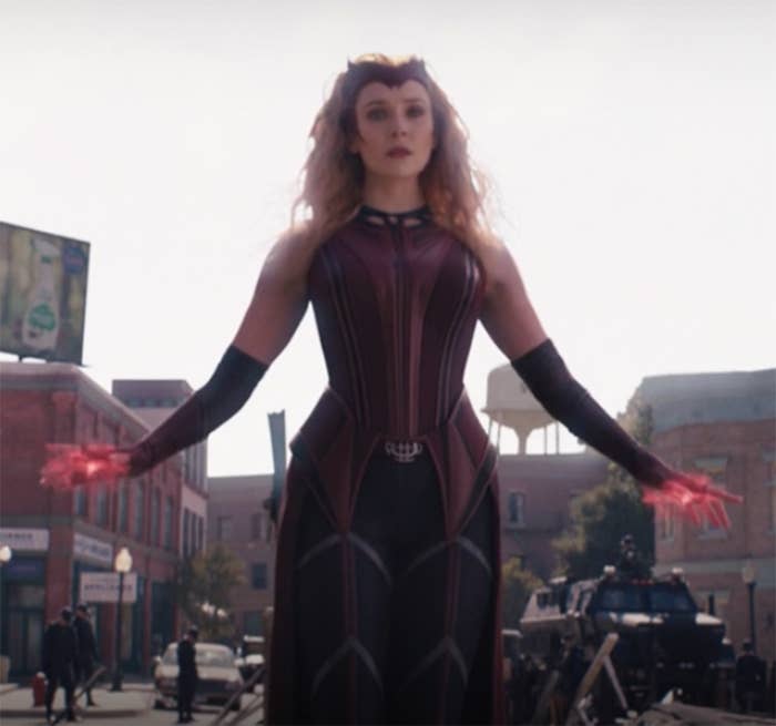 Wanda&#x27;s new costume is a high-neck sleeveless top with a long train over leggings