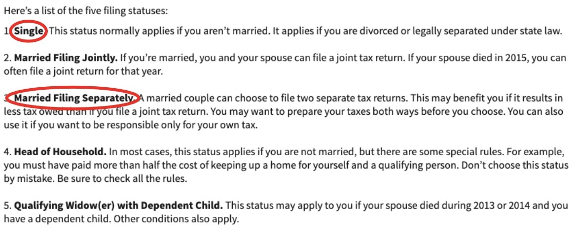 Screenshot of the five tax filing statuses