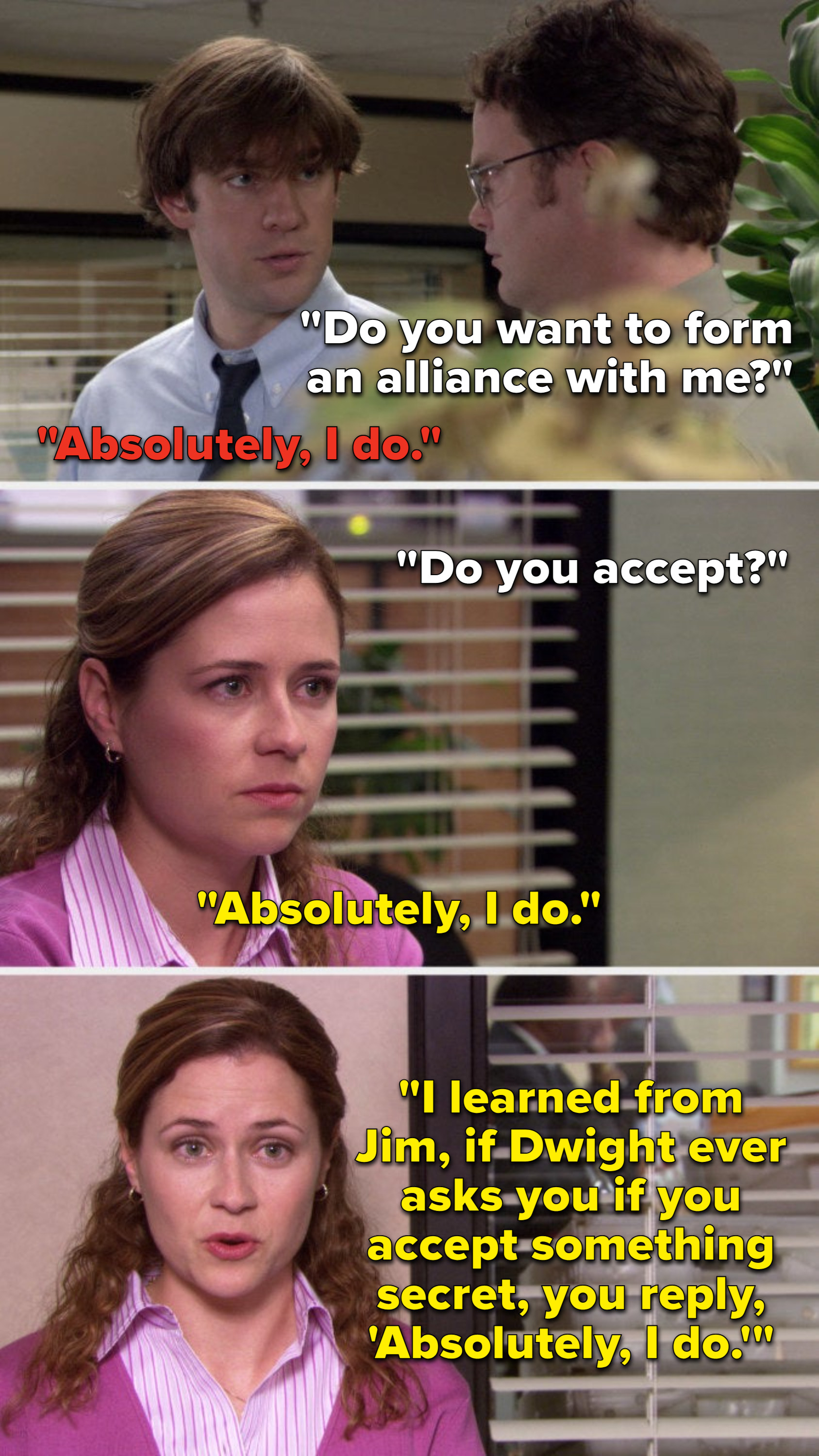 Dwight says, &quot;Do you want to form an alliance with me,&quot; Jim says, &quot;Absolutely I do,&quot; seasons later Dwight Pam says, &quot;I learned from Jim, if Dwight ever asks you if you accept something secret, you reply, &#x27;Absolutely I do&#x27;&quot;