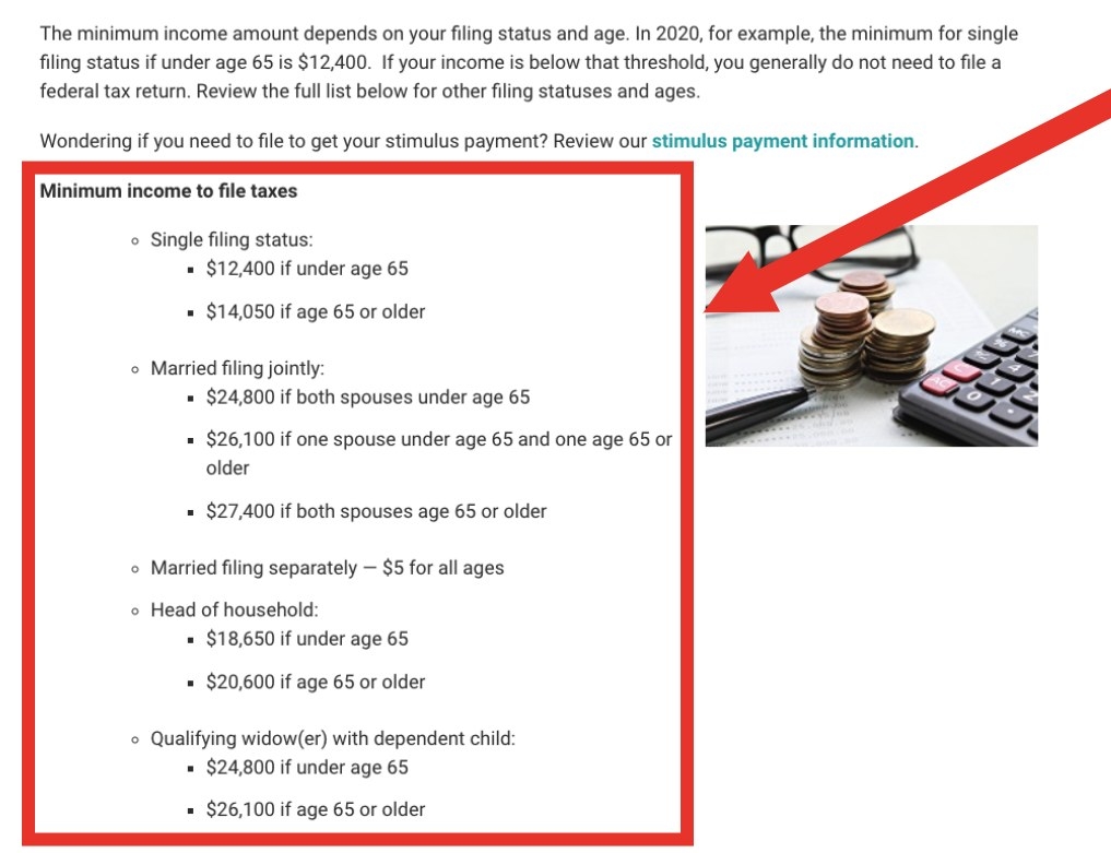 Screenshot of minimum income to file taxes