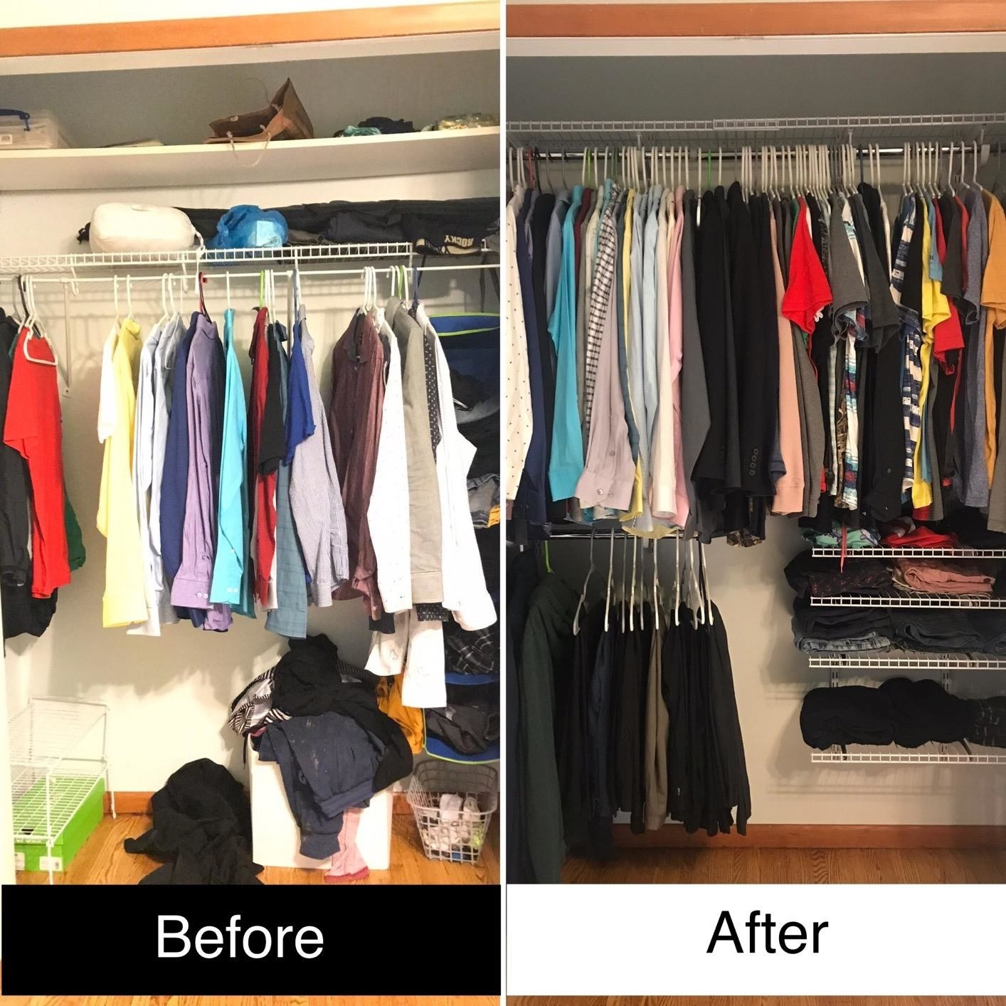 A before and after image showing the closet system, which includes racks and two closet rods, used to make a reviewer&#x27;s closet more organized