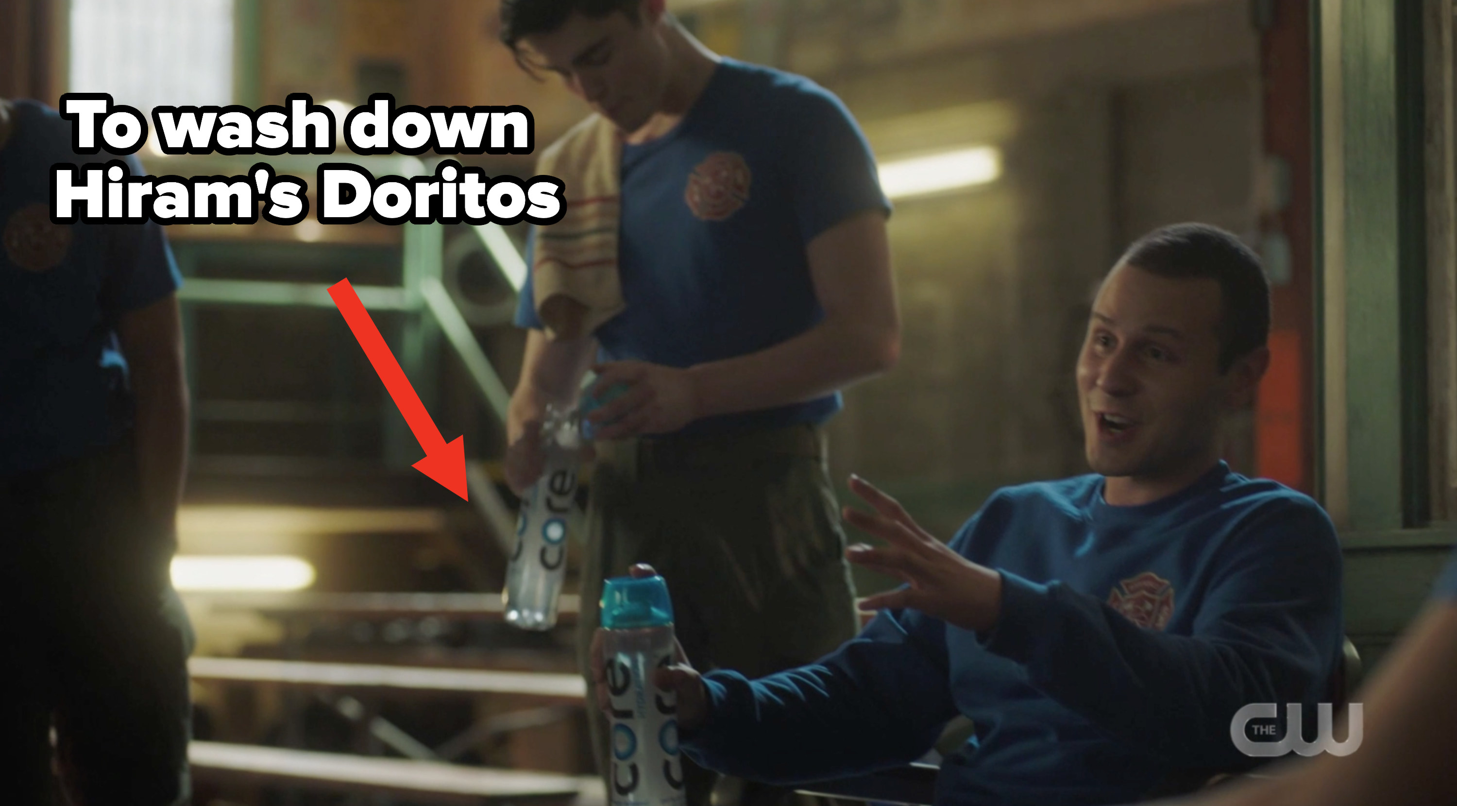 The boys drinking core water with the caption &quot;to wash down Hiram&#x27;s Doritos&quot;