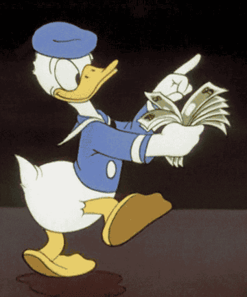 a gif of Donald Duck walking and counting money 