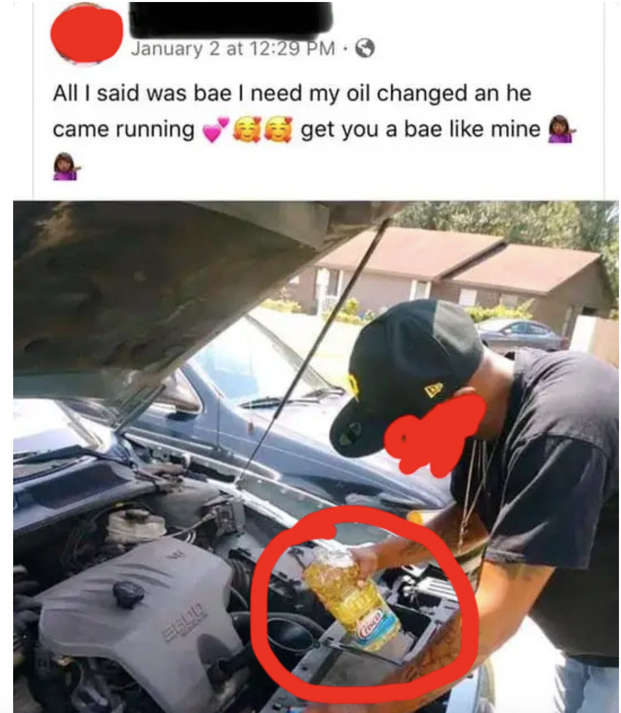 guy putting vegetable oil into his engine