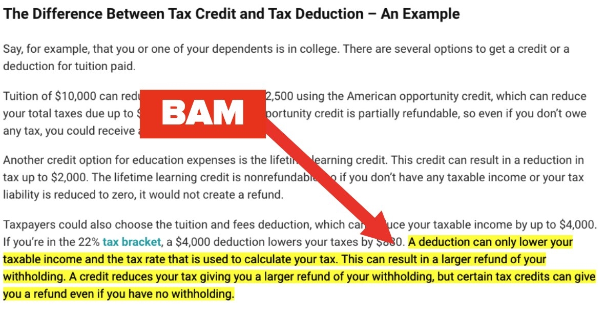 Screenshot of tax credit and tax deduction explaination