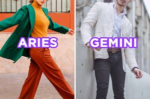 On the left, someone wearing wide-leg pants, a turtleneck, and blazer labeled "Aries," and on the right, someone wearing tight jeans, a button-down shirt, and a blazer labeled "Gemini"