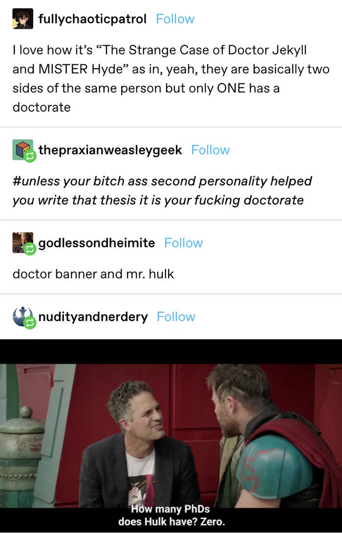 post pointing out it&#x27;s Dr. Jekyll and Mr. Hyde because Hyde doesn&#x27;t have a doctorate — someone compares this to Bruce and The Hulk from the MCU