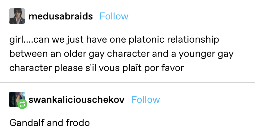 &quot;girl….can we just have one platonic relationship between an older gay character and a younger gay character please s&#x27;il vous plaît por favor&quot; &quot;gandalf and frodo&quot;