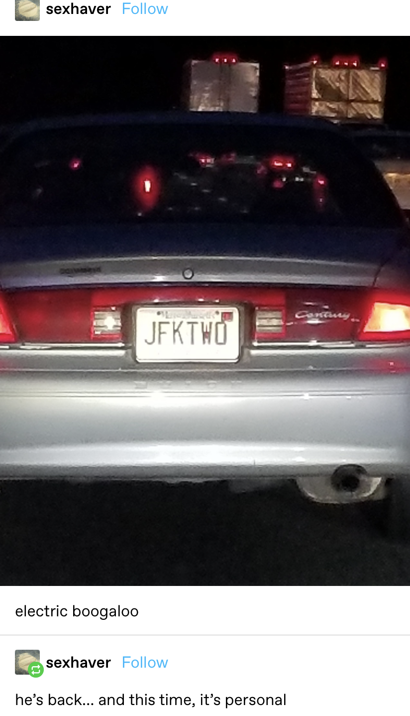 license plate that says &quot;JFKTWO&quot; and reply saying &quot;he&#x27;s back...and this time, it&#x27;s personal&quot;
