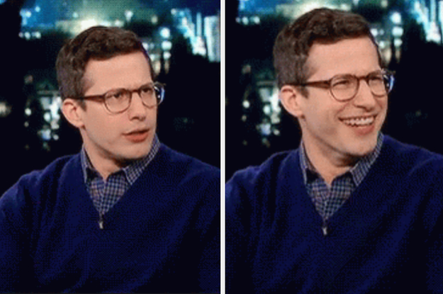 Andy Samberg looking confused then laughing