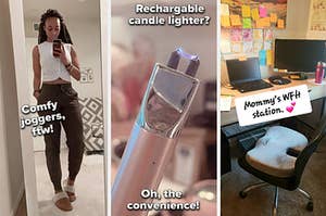 reviewer wearing joggers, rechargeable candle lighter, butt pillow for desk chairs