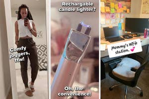 reviewer wearing joggers, rechargeable candle lighter, butt pillow for desk chairs