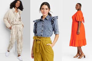 a model in tie-dye sweats; a model in a ruffled denim top; a model in an orange midi dress